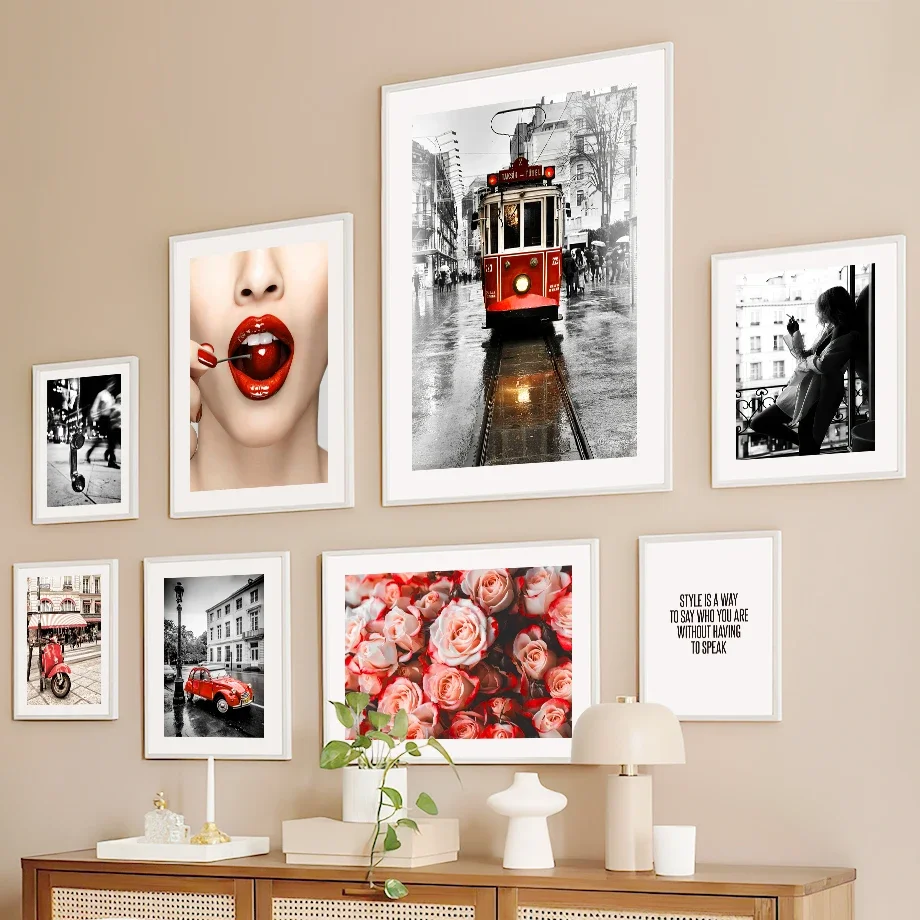 

Modern Wall Art Canvas Vintage Red Train & Rose Flower Girl Paris Towel Theme Decorative Painting for Living Room Decor