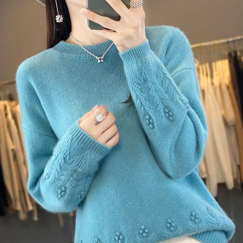 Women\'s Clothing Autumn Winter Round Neck Solid Color Pullover Lantern Long Sleeve Sweater Knitted Elegant Screw Thread Tops