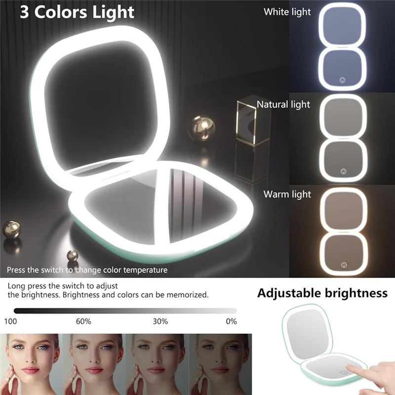 Tragbarer kompakter Spiegel mit Lichtern, 5-fach vergrößerter Taschenspiegel für Reisen, Dual-LED-Reisespiegel mit 3 Farbmodi