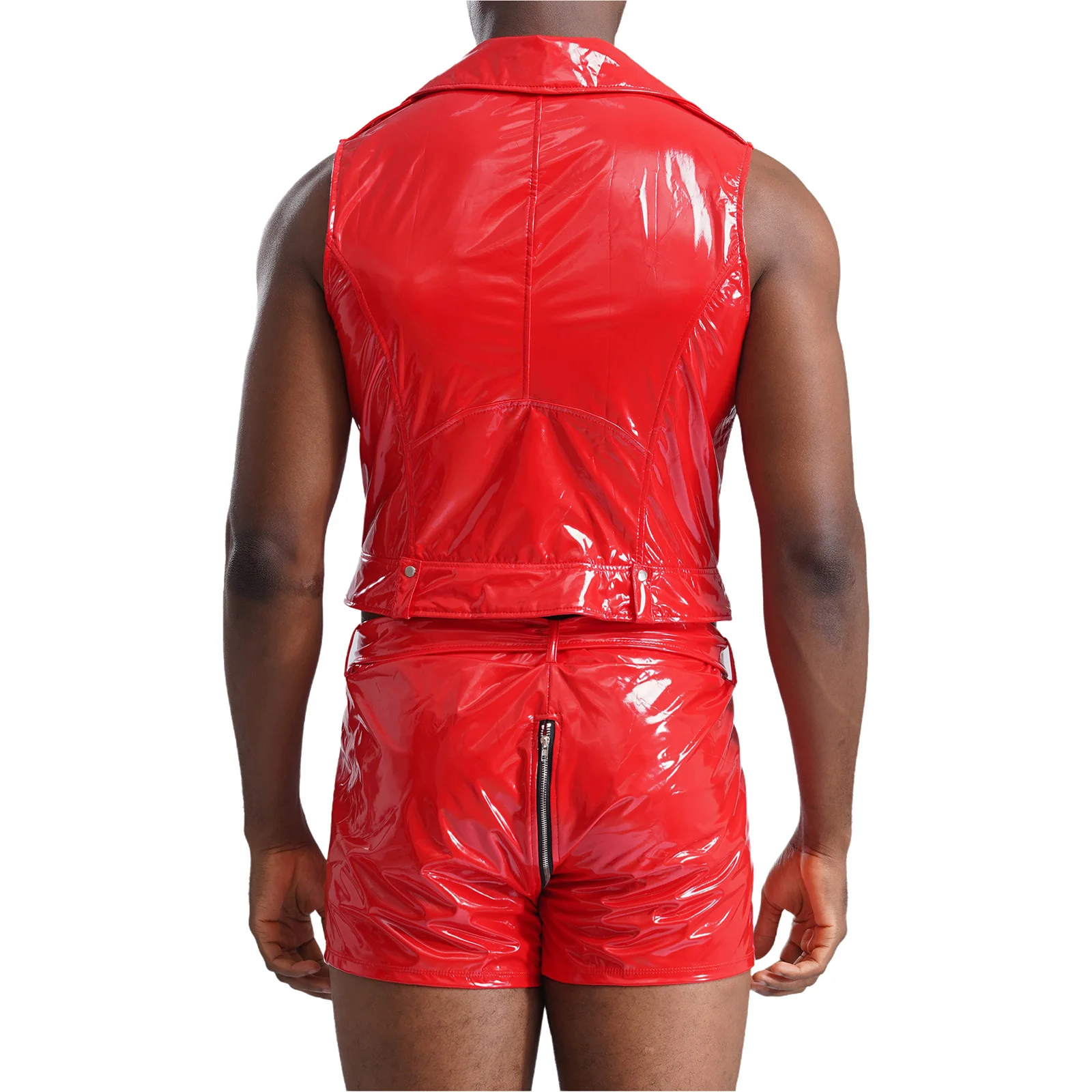 Mens Wet Look Patent Leather Clubwear Outfits Sleeveless Zipper Tank Top And Boxer Shorts with Belt for Nightclub Rave Party