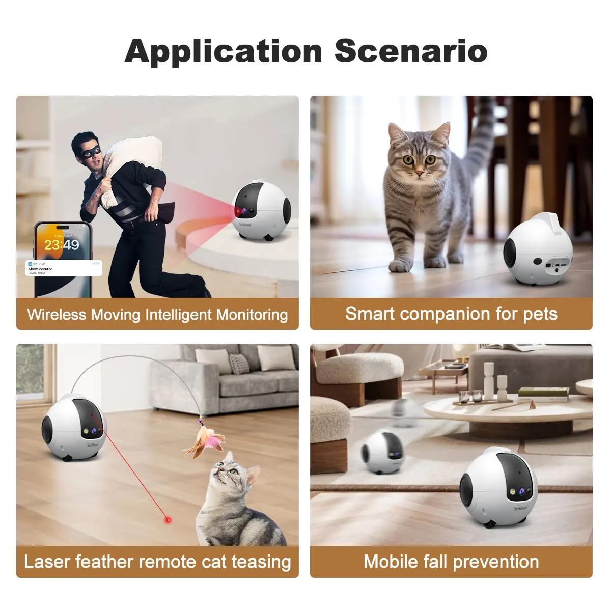Srihome DH013Plus 4MP Smart Pet Guardian Robot IP Camera Battery  Tumbler Design& Mobity Automatic Return to change Cat & Dog