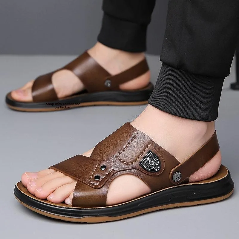 

Men's Thick Heel Sandals Summer New Soft Bottom Beach Shoes Casual Two-Purpose Cow Tendon Bottom Cowhide Slip-On Sandals
