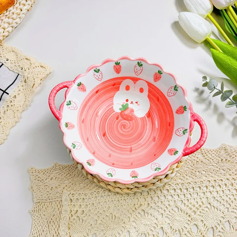 Cute Strawberry Rabbit Soup Bowl Set – 20CM Big Ceramic Noodles & Rice Bowls, Group A Spill proof bowl Pedicure bowl Soup bowl