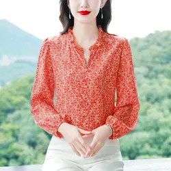 Women's Spring Autumn New Fashion Printed Half Open Neck Button Ruffles Flower Long Sleeve Pullover Versatile Loose Shirts Tops
