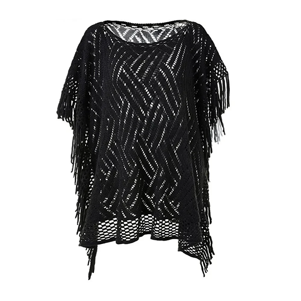 المرأة خفيفة الوزن قارب العنق المعطف سترة فضفاضة شرابات مع جوانب مهدب وأنماط مجوفة دروبشيبينغ