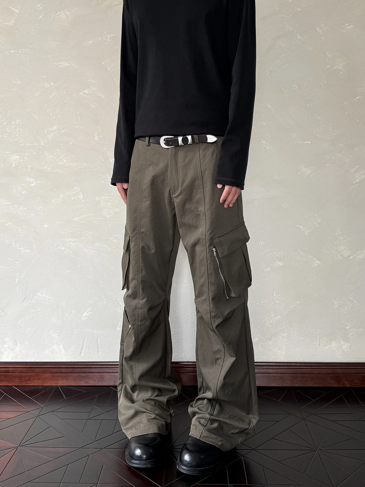 

American Retro Spliced Work Trousers Straight Leg Micro Flared Slimming Long Pants ex CleanFit Multiple kets Casual Pants