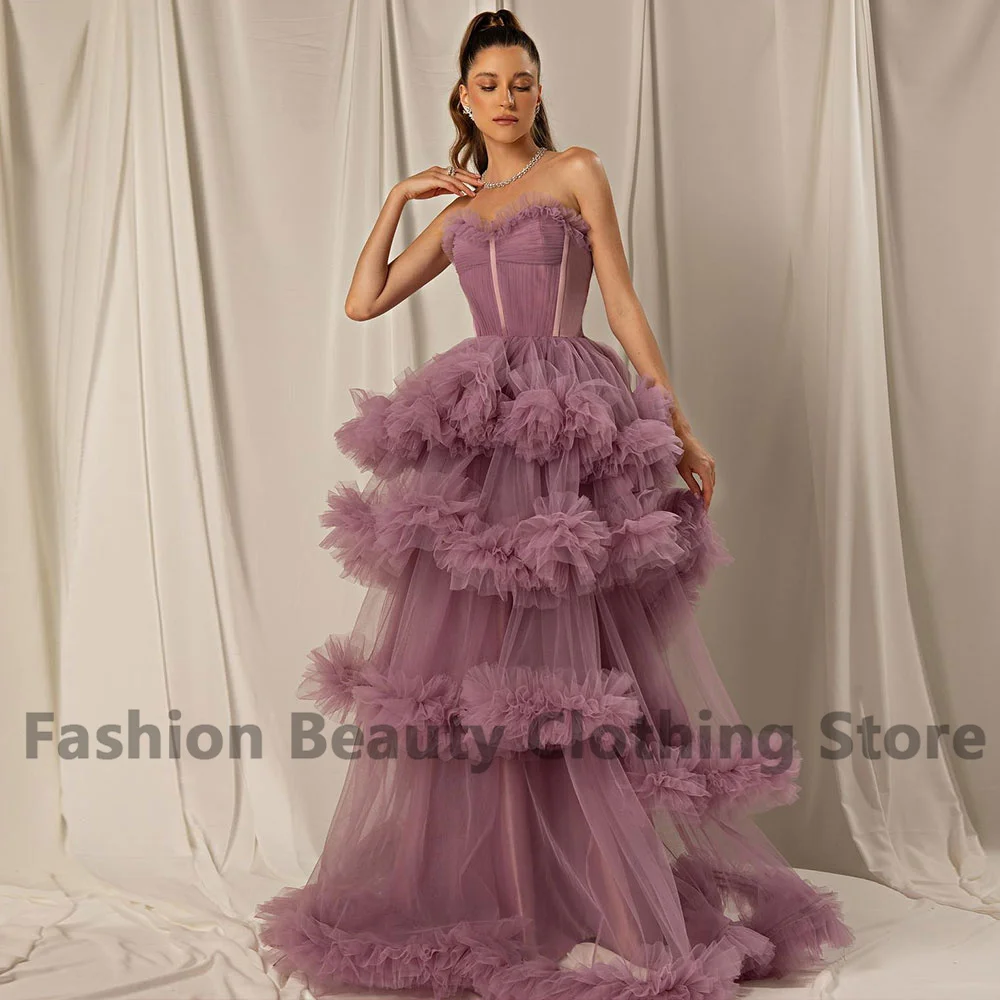 

Elegant Tulle Prom Dress Sweetheart Tiered Ruffle Spaghetti Strap A-Line Saudi Arabian Draped Lace-up Backless Vestidos De Gala