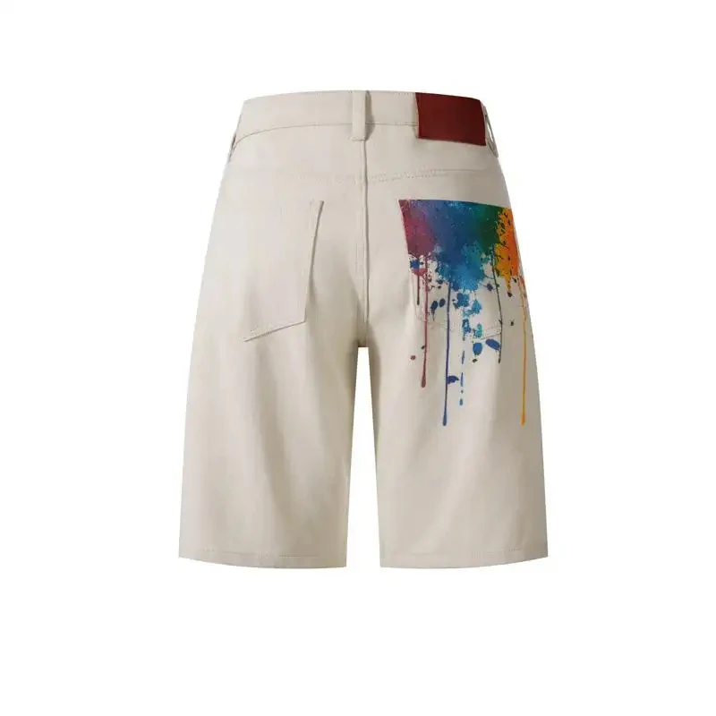 

New Summer 2026 Men's White Denim Shorts with Rainbow Ink Print, Street Style Straight Casual Pants, Trendy Hip Hop Bottoms, Com
