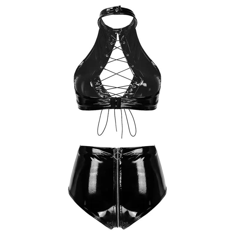 Women Shiny Leather Sheath Camisole Hot Breast Exposed Erotic Below Zipper Open Crotch Underwear Wetlook Latex Bag Hip Pants