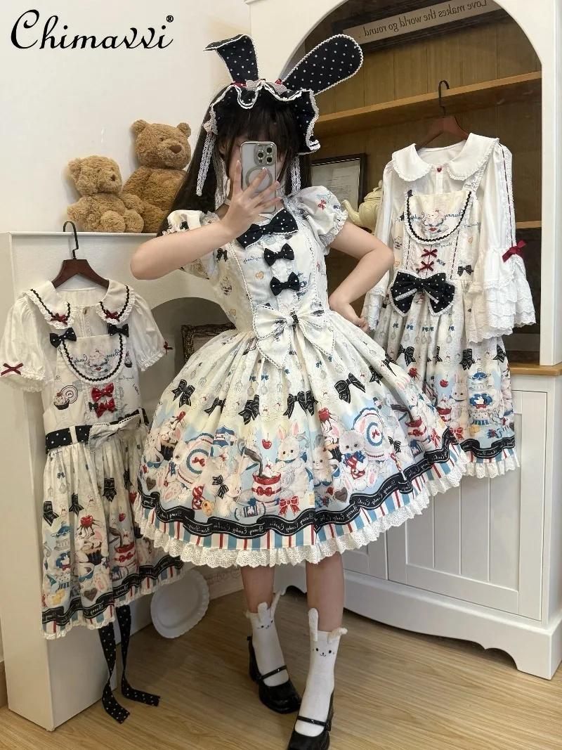 

Original Fairy Princess Sweet Cartoon Print Retro OP Dress Girls Women Elegant Kawaii Bow Princess JSK Cute Strap Dresses