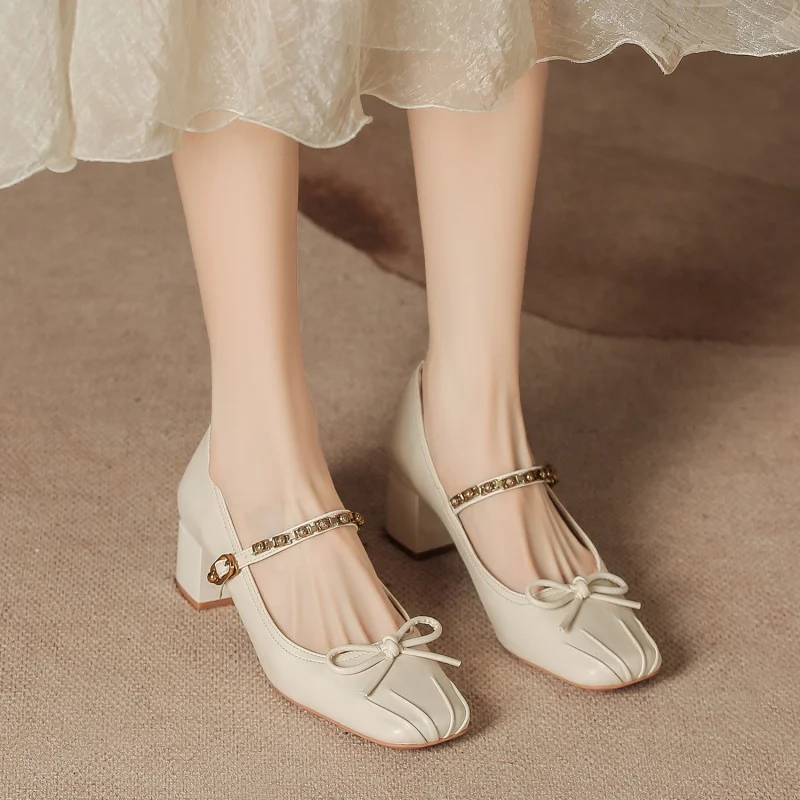 

Spring French-style elegant women's shoes with bow, high-heeled, sophisticated chunky heel, square toe, Mary Jane retro design