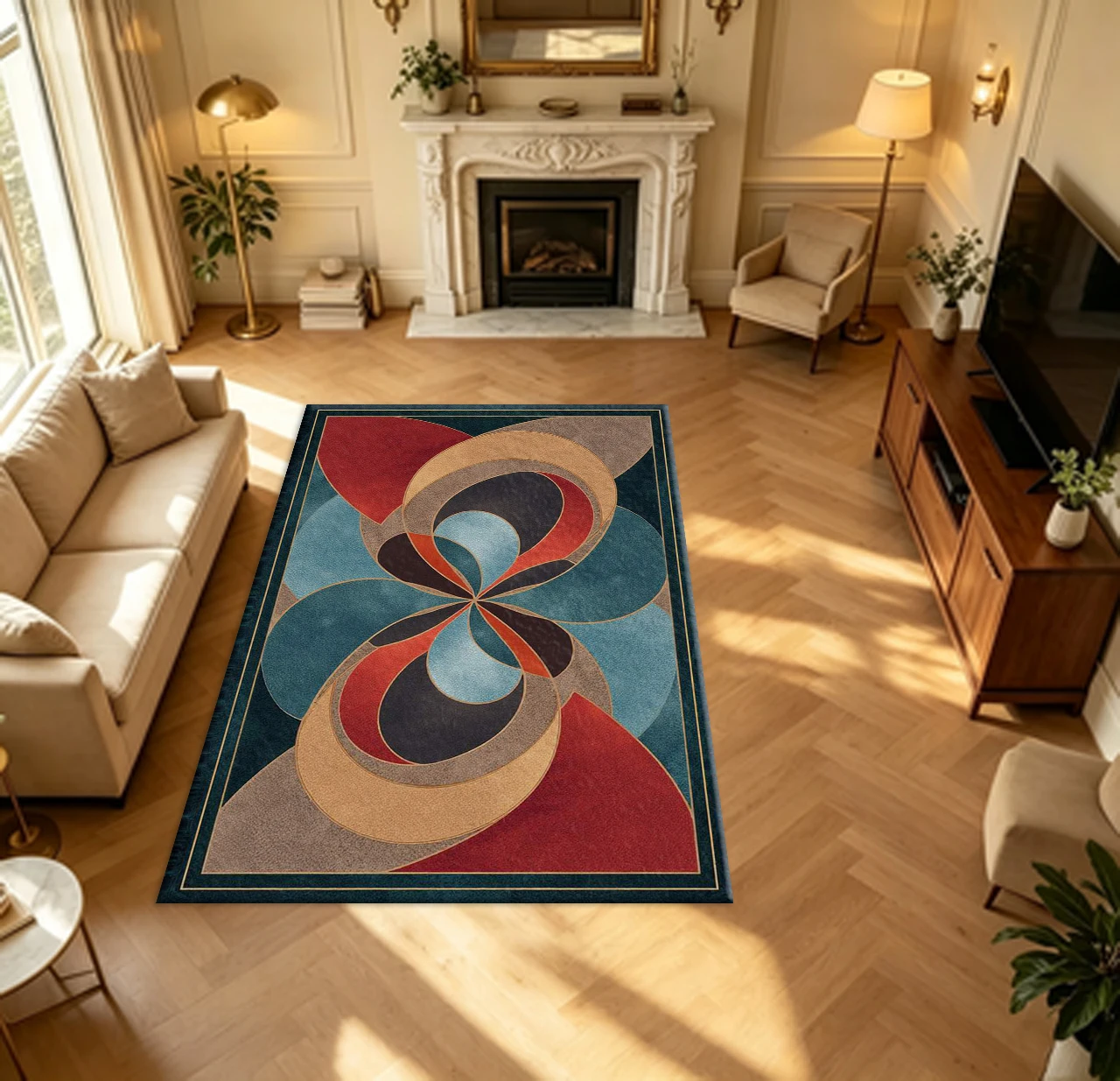 Art Deco Overlapping Circular Geometric Carpet Flooring Teal Red Gold Tone Framed Household Hall Indoor Large Floor Area Rug