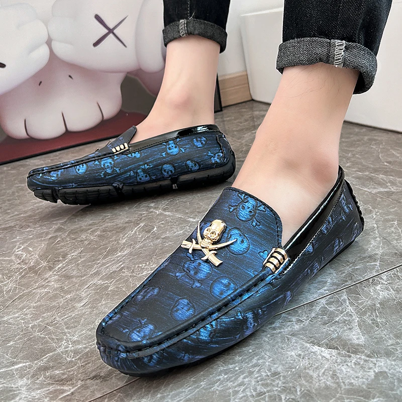 Men's Patterned Skull-Embellished Loafers, Men's Daily Casual Slip-On Footwear, Men's Robust Base Scuff-Resistant Footwear