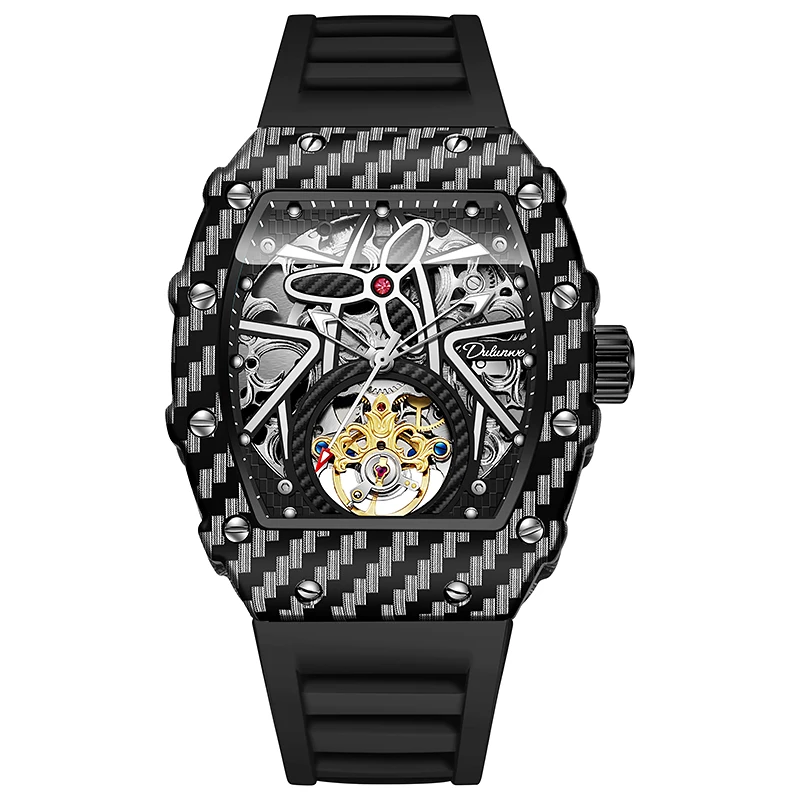 New men's automatic mechanical watch, 2025 summer new style, tonneau shape, trendy skeleton design, high-end watch.