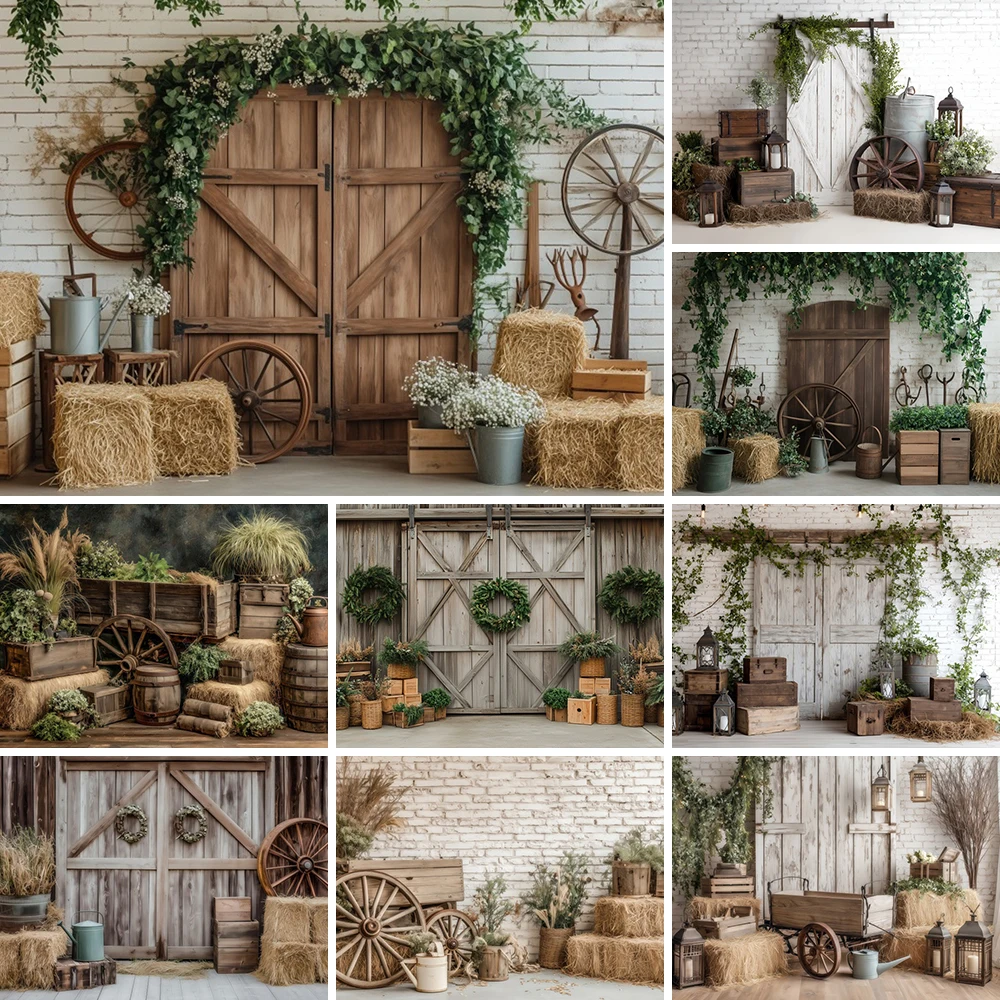 Western Barn Door Wooden Board Background Wooden House Straw Bale Farmhouse Baby Shower Birthday Party Backdrop Photo Studio