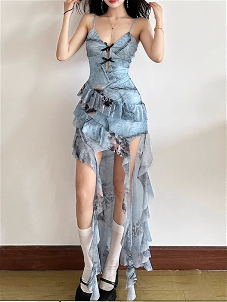 

New Summer Women Sexy Blue Print Irregular Split Dress Fashion V Neck Holiday Ruffles Patchwork Suspender Straps Beach Dress