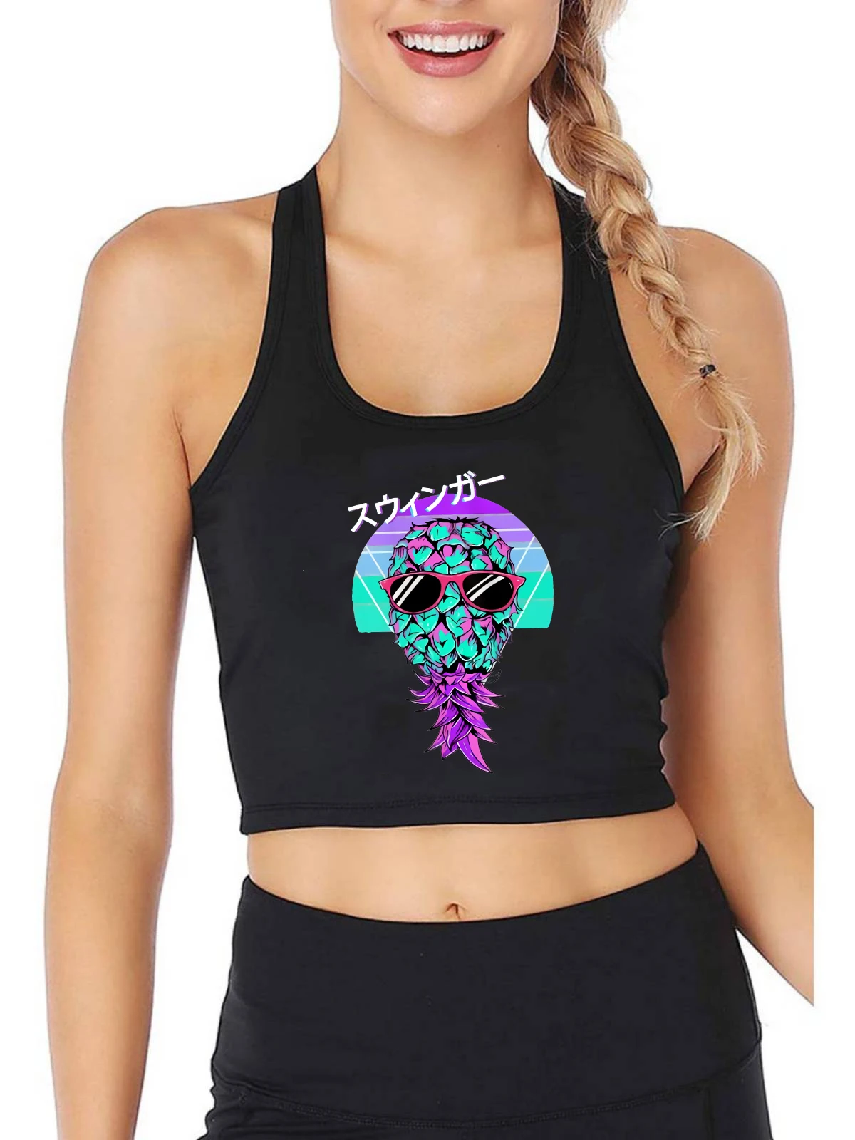 Vaporwave Aesthetic Swinger Upside Down Pineapple Design Tank Tops Hot Wife Sexy Slim Fit Crop Top Summer Fitness Camisole