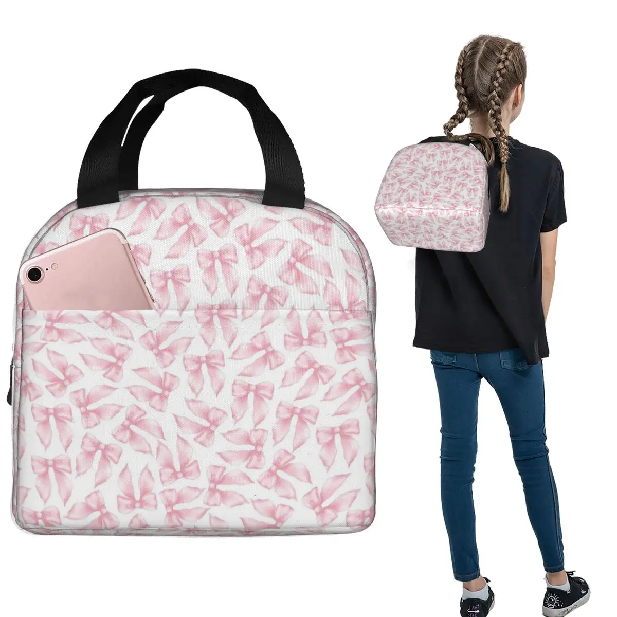 Cochuette Pink Bow Bliss-pattern Sac à lunch isotherme pour femmes et enfants, boîtes à nourriture portables, sac fourre-tout thermique pour boîte à lunch