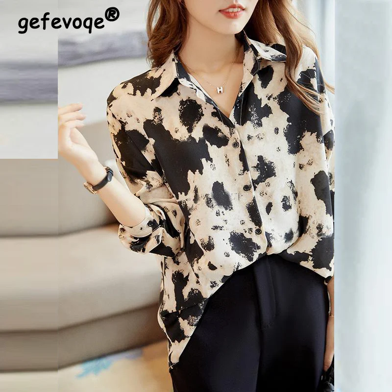 

Leopard Printed Elegant Women's Buttons Shirt 2022 Spring Autumn New Fashion Retro Ladies Street Long Sleeve Chiffon Blouse Tops