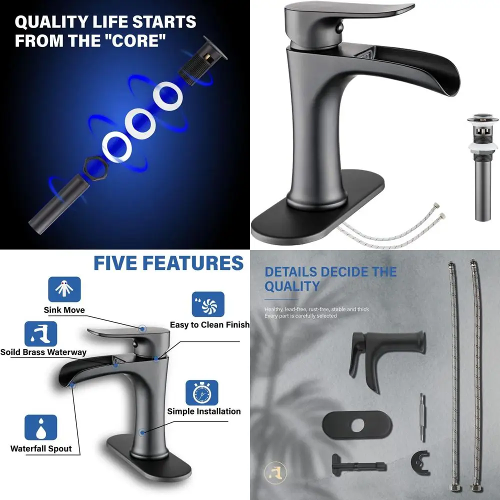 

Single Handle Matte Black Waterfall Faucet for Farmhouse Vanity, RV, or Vessel Basin with Pop-Up Drain