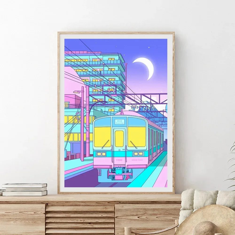 ملصقات قماش Vaporwave الشارع من مدينة النيون ، ديكور أنيمي ياباني ، لوحة ، طباعة فنية على الحائط ، ديكور غرفة الأطفال ، كاواي ، القمر ، 80s #2