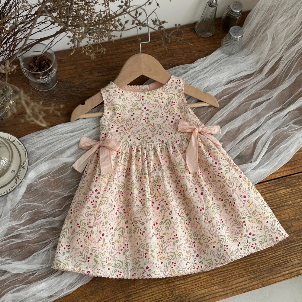 2026 Summer New Girls Sweet Floral Princess Dress Cute Baby Girl Sleeveless Bow Vest Dress Cotton Infant Toddler Clothes