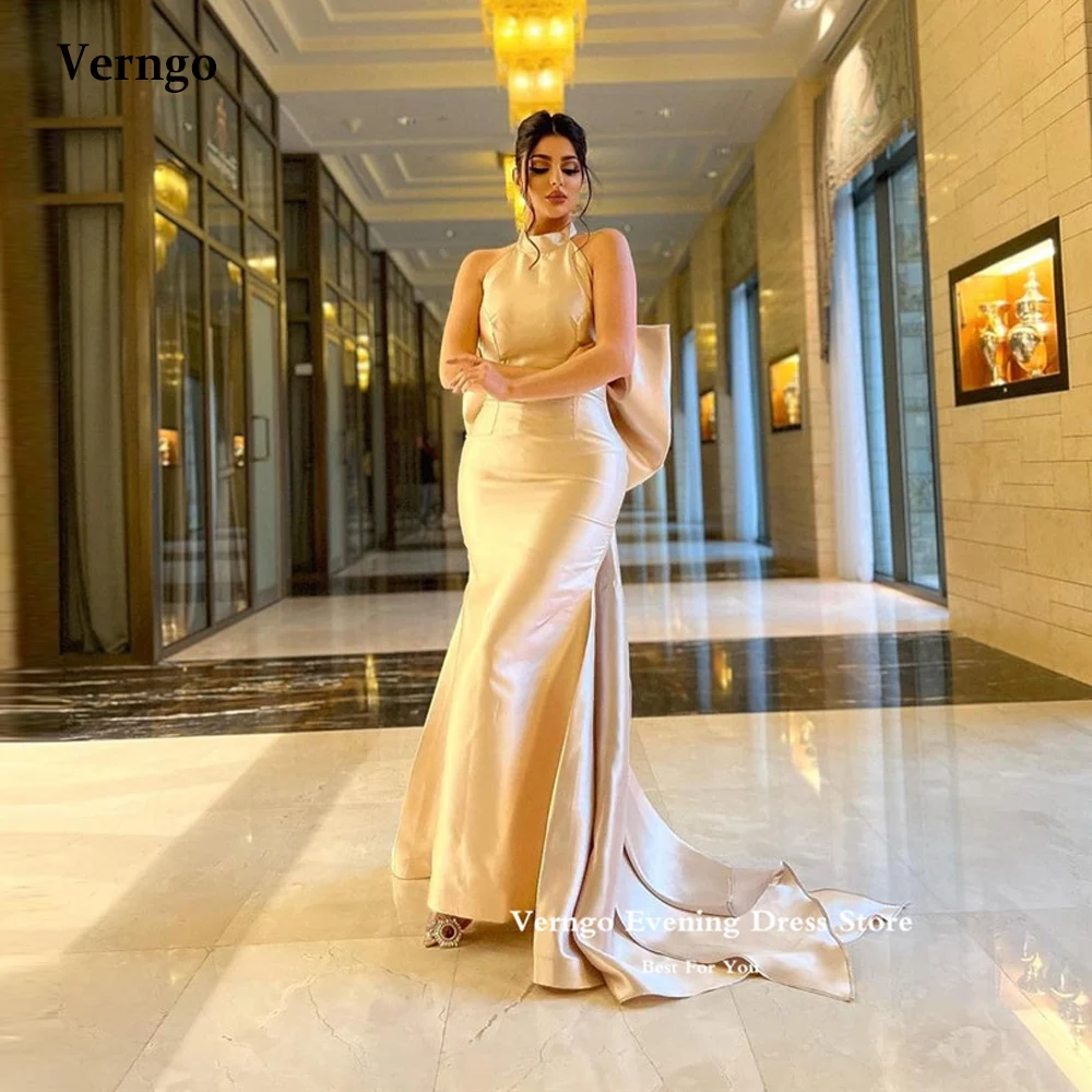 

Verngo Elegant Champagne Saitn Mermaid Long Evening Dresses Halter Big Bow Backless Prom Gowns Dubai Arabic Women Formal Party