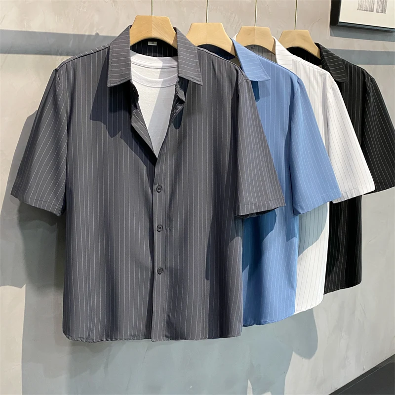 

Summer Shirts Men Turndown Collar Casual Shirts Korean Style Lightweight Thin Breathe Ice Silk Anti-wrinkle Non-iron Shirt