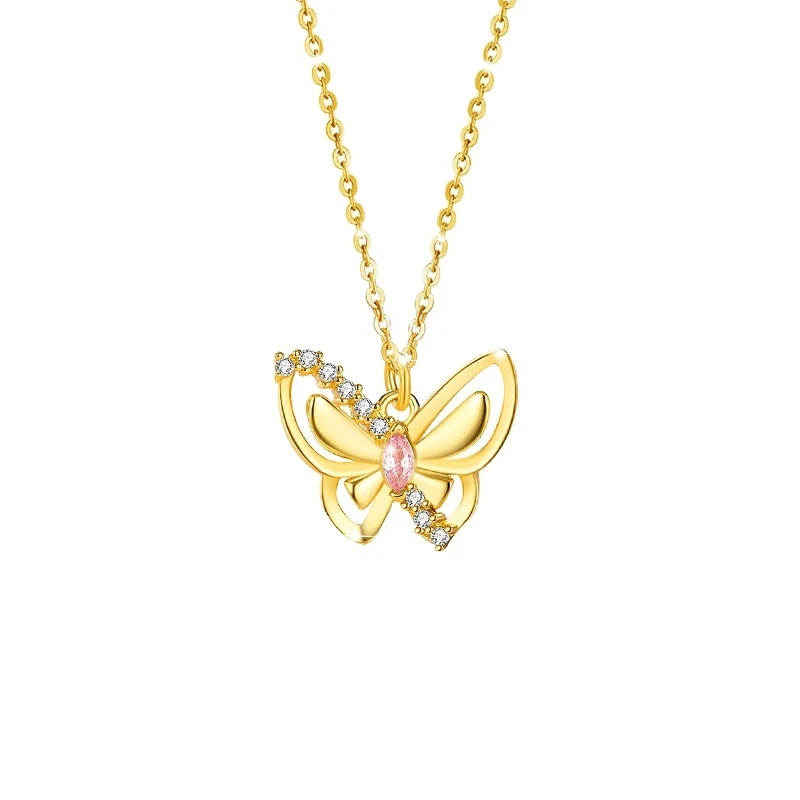 

S925 Sterling Silver Romantic Pink Zircon Hollow Wings Butterfly Necklace Gold Plated Color Women's Anniversary Jewelry Gift