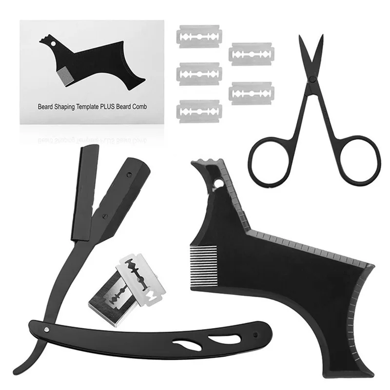Juego de herramientas para dar forma a la barba para hombre, maquinilla de afeitar de borde recto, peine de hoja de doble filo, tijeras de acero inoxidable, Kit completo para el cuidado de la barba