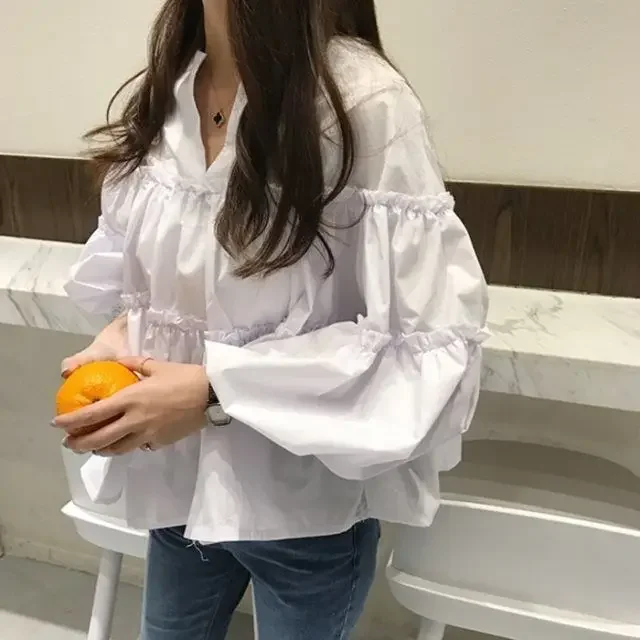 Women Blouses 2024 New Autumn Cotton Sweet Full Solid Puff Sleeve Folded Vintage Korean Ladylike Loose Shirt Large Size