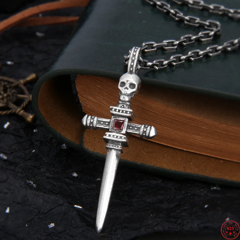 

S925 Sterling Silver Charm Pendants 2022 New Fashion Skull Knight's Sword Cross Zircon Argentum Amulet Jewelry for Man Women