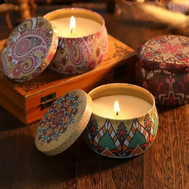 1PC Luxury Candle Jars DIY Candle Making Empty Candy Box Empty Candle Tin Jar Ethnic Floral Printed Candle Jar Storage Case