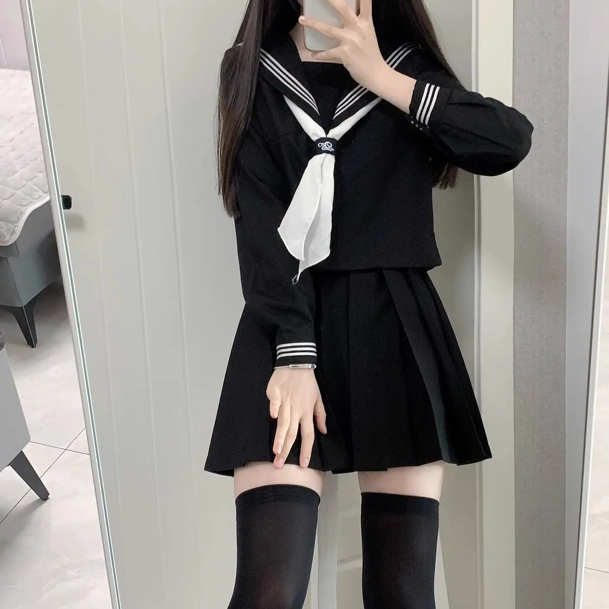 

Japanese School Uniform Girls Plus Size Jk Suit Black Tie White Three Basic Sailor Uniform Women Long Sleeve Suit