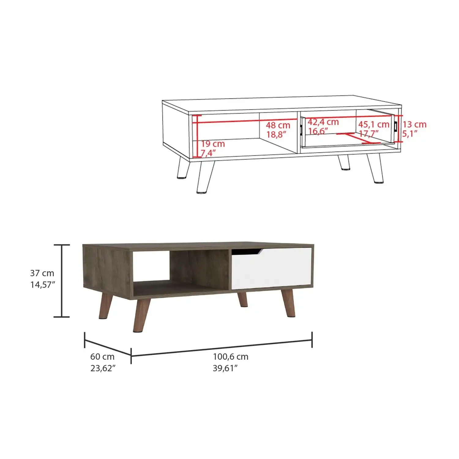 Oslo Coffee Table 2.0, One Drawer, Four Legs Dark Brown / White