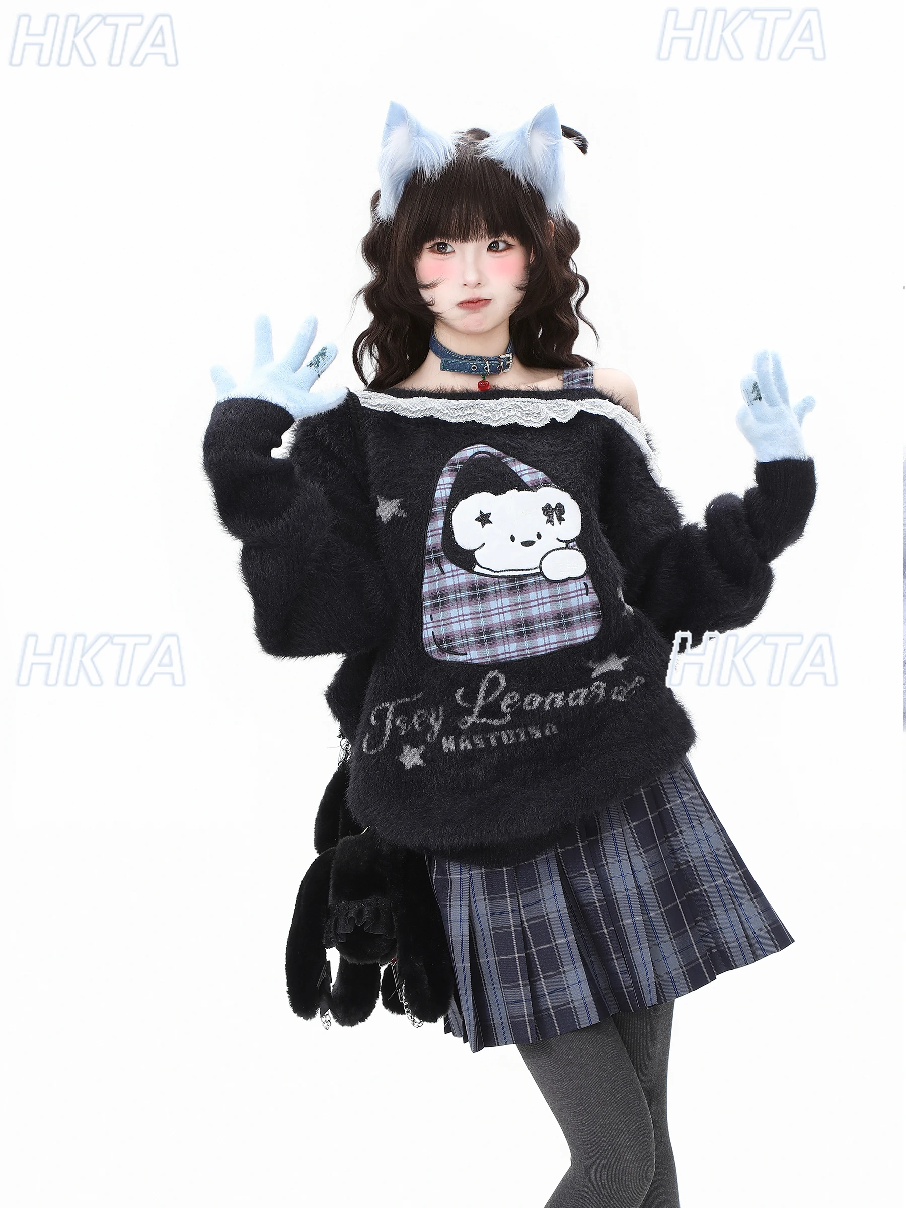 

Sweet Cool Autumn Off Shoulder Long Sleeve Cartoon Embroidery Lace Mink Fleece Sweater Coat Women Blue Checked Short Skirts Set