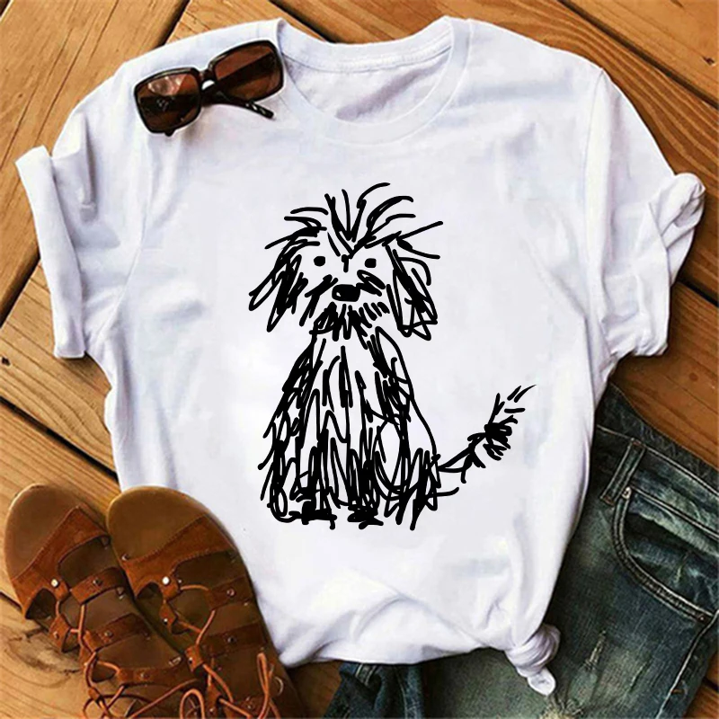 Women Gothic T Shirt Black Draw Creative Doodle Puppy Graphic Print Round Neck Summer T-shirt Girls Female
