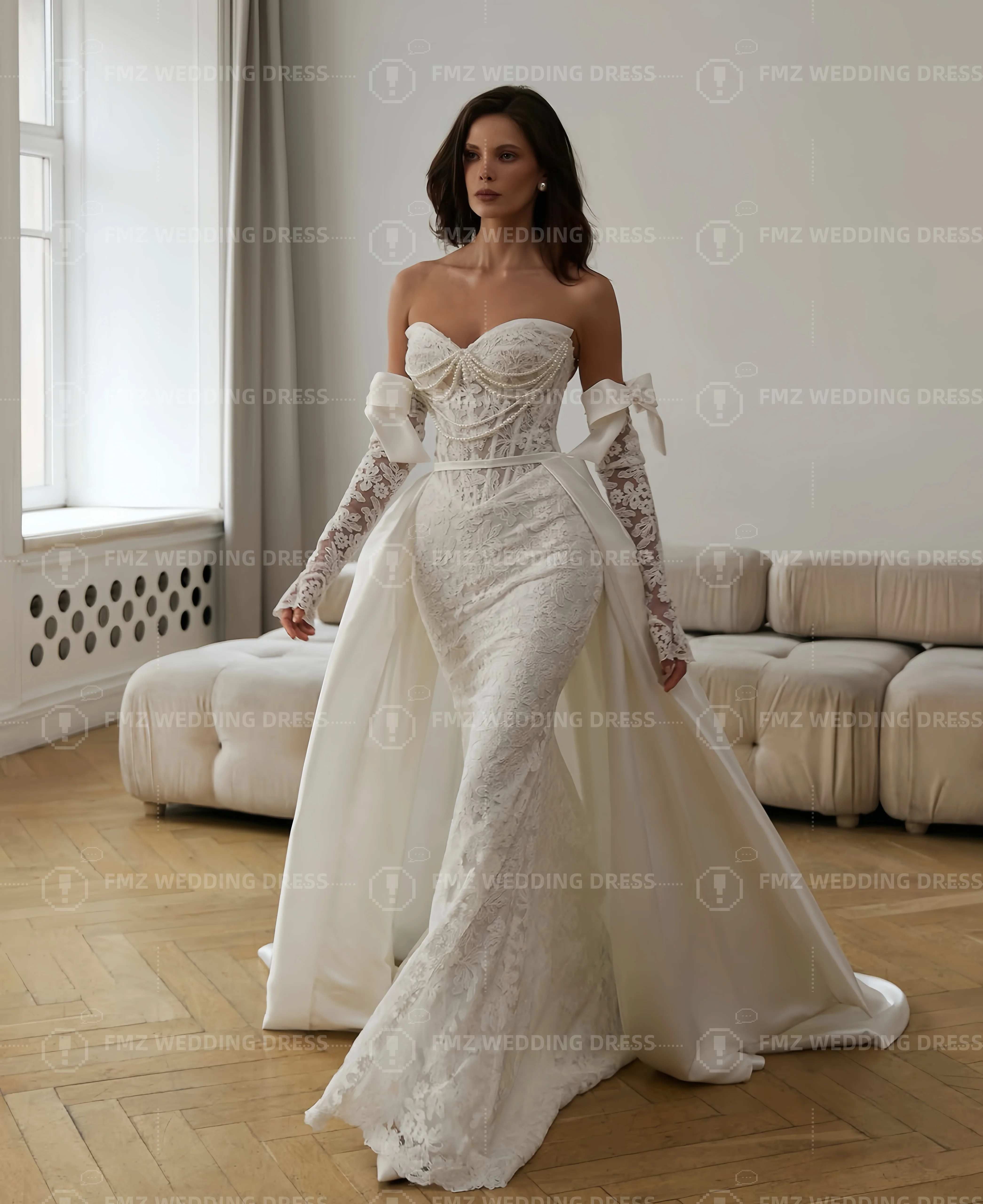 فستان زفاف أنيق بياقة حلوة وأكمام طويلة على شكل حرف a من الدانتيل فستان زفاف أنيق من فيستدوس دي نوفيا أماندا نوفيا أماندا نوفيا رسمي