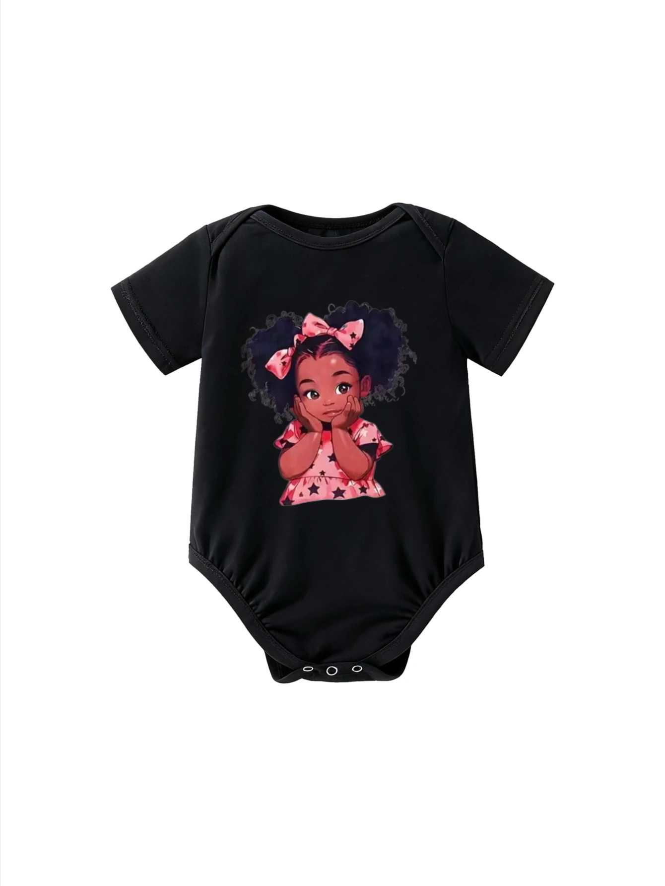 

​Unisex Infant Onesie Short Sleeve Cartoon Girl With Afro And Bow Dress Star Pattern For Daily Wear And Photo Shoots​