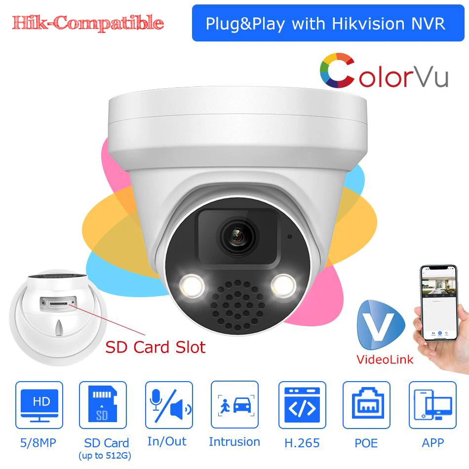 

Summer Sale Hikvision Compatible 5MP 8MP Colorvu POE IP Camera 2-Way Audio SD card Slot Surveillance CCTV Camera support HIK NVR