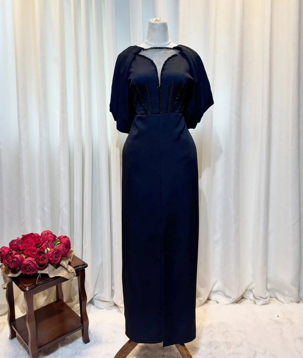 

Customized Charmeuse O-Neck Beading Draped Off-the-shoulder Straight Midi Black Dresses Bespoke Occasion Classic Retro Elegant