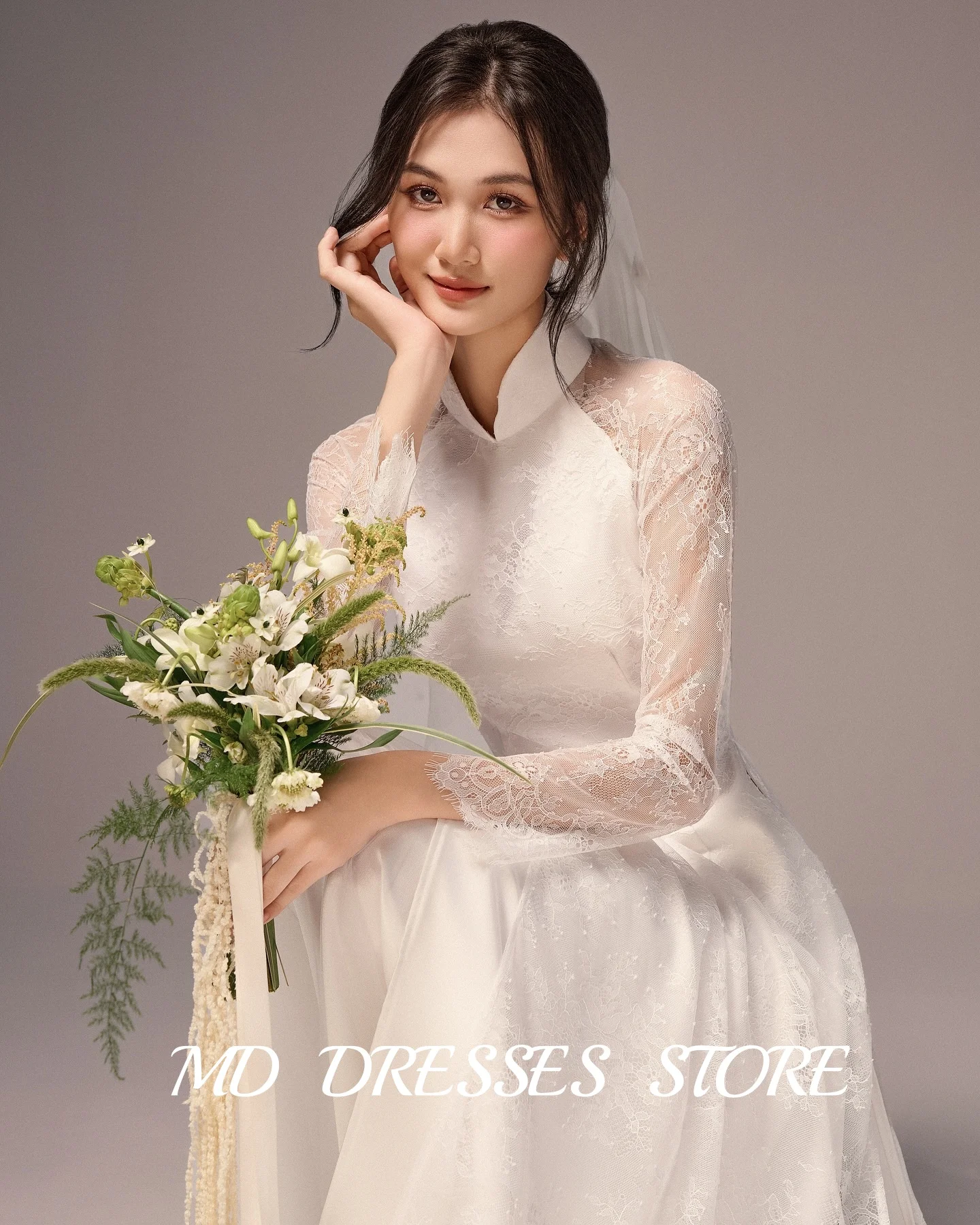 MD 2025 Simple Lvory A-line Wedding Dress Lace Full Sleeves 웨딩드레스 High Neck Korea PhotoShoot Floor-Length Bride Gown Customised