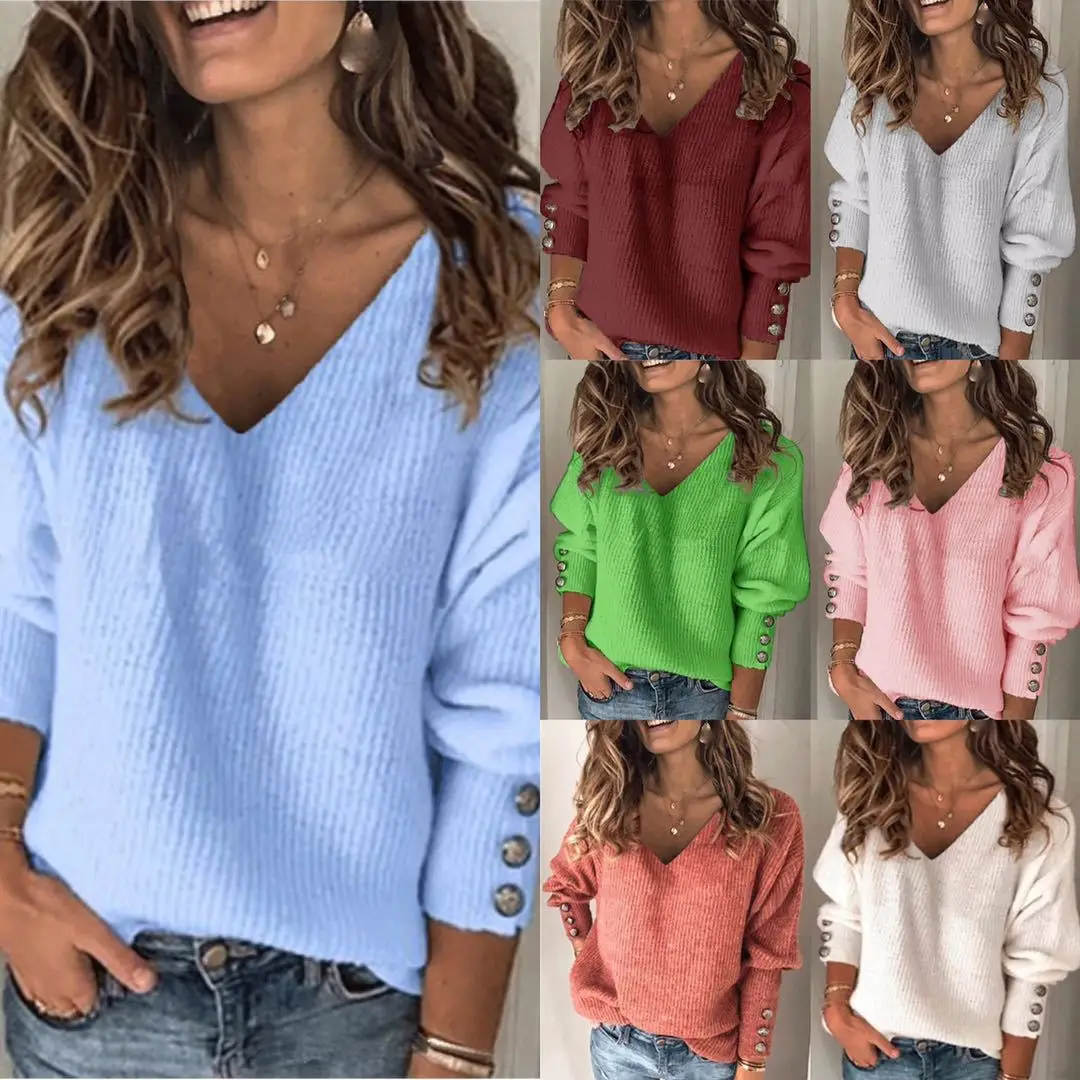 

2025 Women's Autumn and Autumn Loose Button Solid Color V-neck Knitted Top Casual Slim Long Sleeve Pullover Soft Elastic Sweater