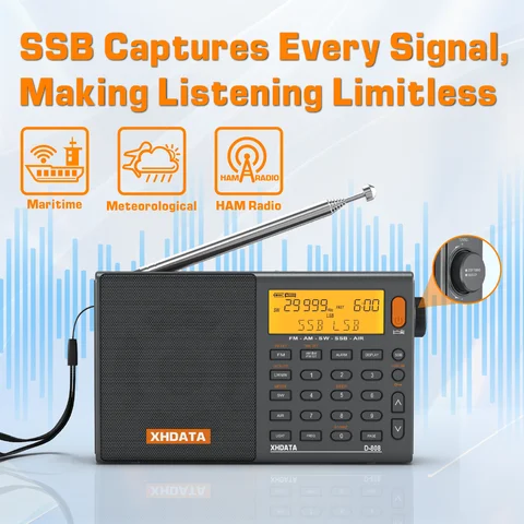Xhdata d808 profissional am fm sw mw ar ssb rds rádio recepção de longo alcance portátil recarregável multibanda rádio som estéreo
