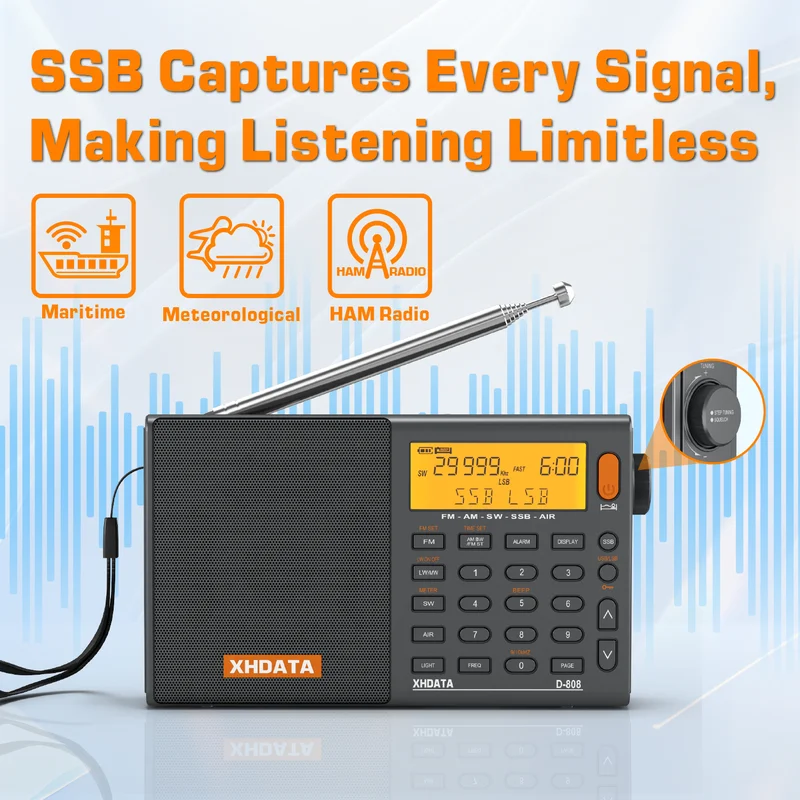 Rádio Portátil Multibanda Xhdata D808 AM FM SW MW com SSB RDS