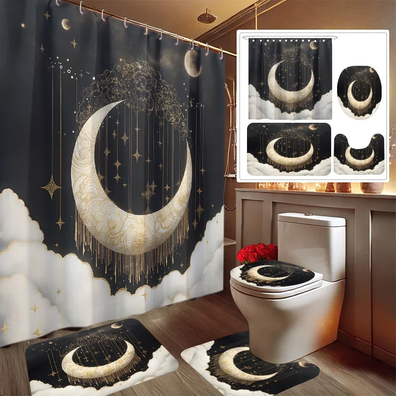 

Elegant Gold Crescent Moon and Stars Print Shower Curtain Four-Piece Set - Modern Bathroom Decor for a Luxurious and Stylish