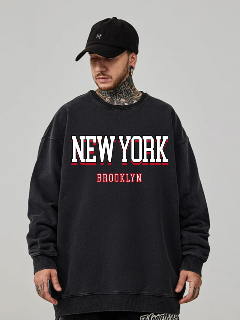 Vintage Womans Acid Wash Hoodie New York Brooklyn Letter Prints Sweatshirt Cotton Oversize Casual Pullover Couple Washed Clothes