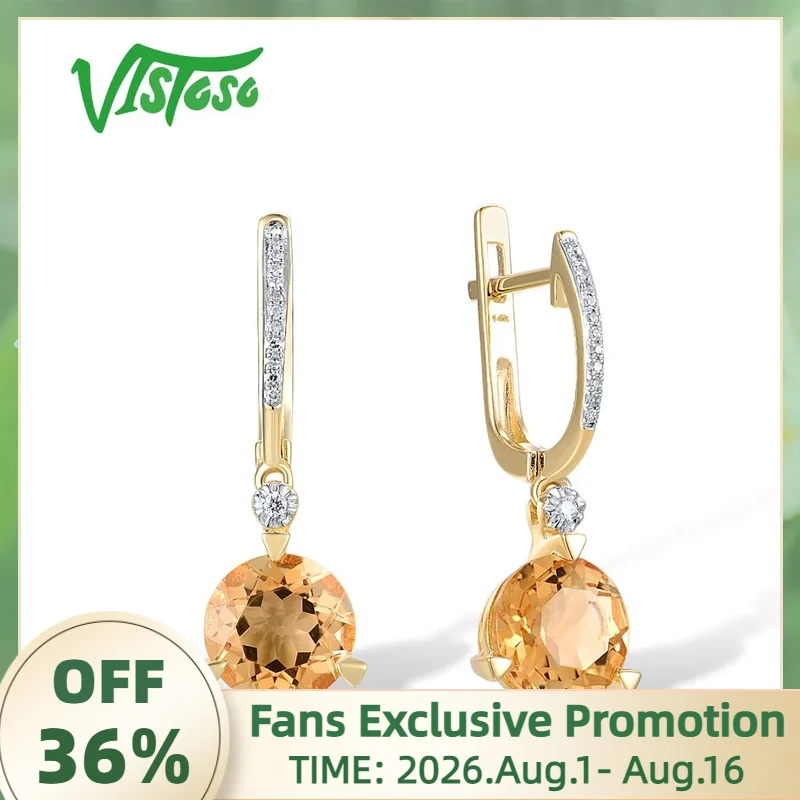 VISTOSO Genuine 14K 585 Yellow Gold Earrings For Women Sparkling Diamond Citrine Round Dangling Simple Delicate Fine Jewelry