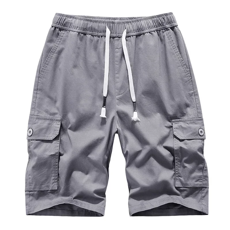 Cotton Cargo Shorts Men Elastic Waist Solid Loose Casual Shorts Mens Sports Jogger Multi Pocket Knee Length Short Pants 30-42