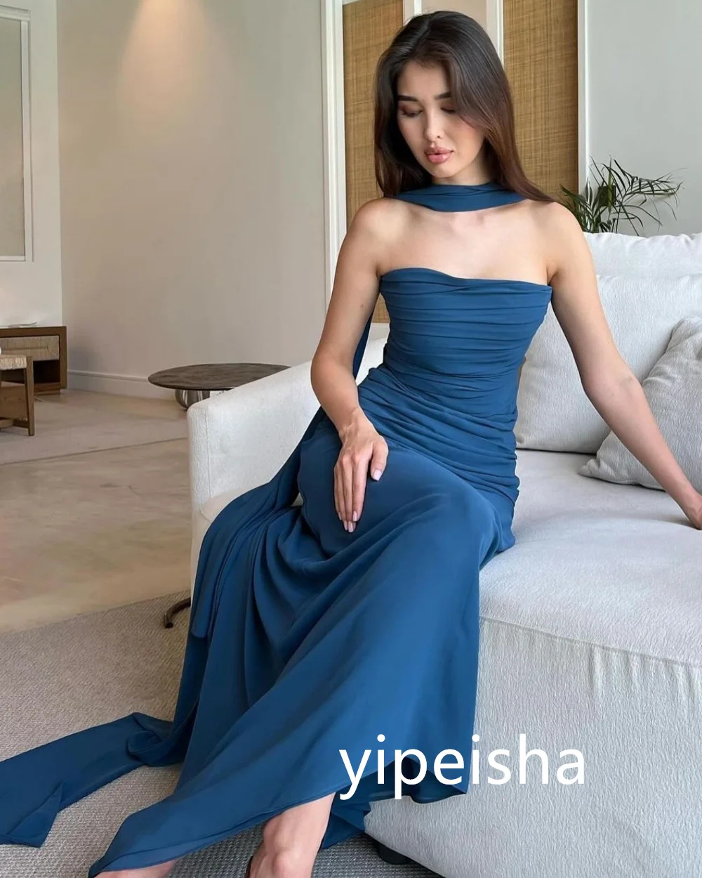 Customized High Quality Jersey Pleat A-line Strapless Long Dresses Cocktail  Exquisite Sparkle Pastrol Modern Style Classic